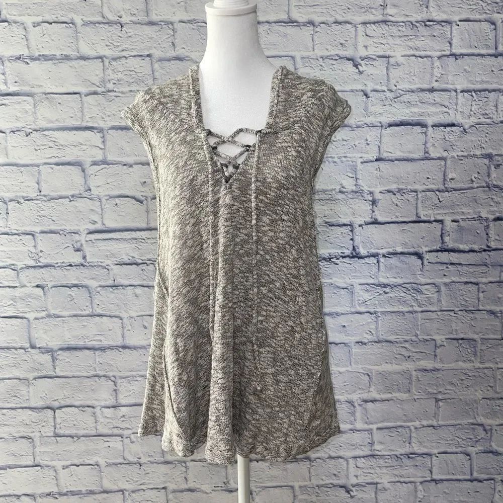 We the free lace up hooded sleeveless top gray
